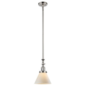 1-Light Large Cone 8" Pendant, Polished Nickel, Glass: Matte White Cased