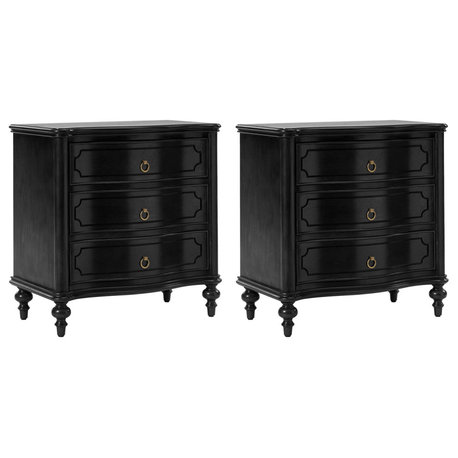 3-Drawer Nightstand With Solid Wood Legs and Built-In Outlets, Set of 2, Black