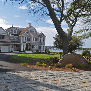Gray Granite Cobblestone Driveway Apron and Granite Mailbox Post