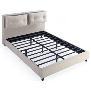 Modern Platform Bed, Metal Base and Headboard With Reclining Pillows, Beige, King