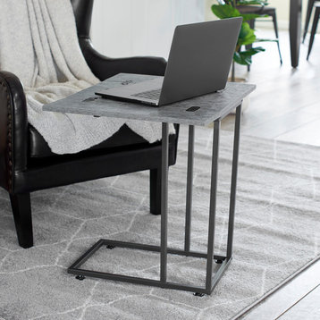 Extendable C-Shaped for Accessiblity Side End Table Rustic Slate, Black Metal