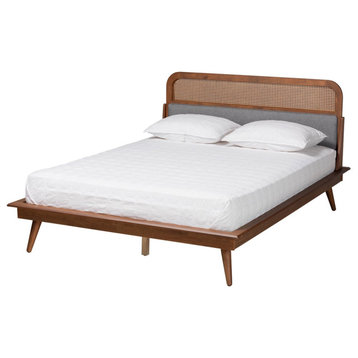 Irina Mid-Century Modern Gray Fabric and Ash Walnut Wood Queen Size Platform Bed
