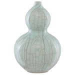 Currey & Company - Maiping Double Gourd Vase - The hand-thrown porcelain body of the Maiping Double Gourd Vase covered with a celadon crackle glaze has been baked and given a light thermic shock to create the crackled lines in the texture. Some lines on the pale green vase are darkened with real tea leaves while others are covered with black calligraphy ink to create depth in the porcelain. We have a number of designs in this family of accessories.