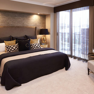Inspiration for a contemporary bedroom in Sydney with grey walls, carpet and beige floor.