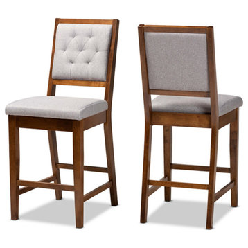 Gray Fabric Upholstered & Walnut Brown Finished Wood 2-Piece Counter Stool Set