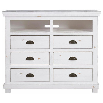 Rustic TV Media Console, 6 Drawers With Inverted Cup Shaped Pulls, White
