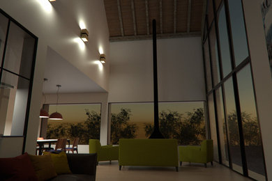 Ejemplo de salón abierto moderno grande con paredes blancas, suelo de madera clara, chimeneas suspendidas, televisor independiente y suelo beige