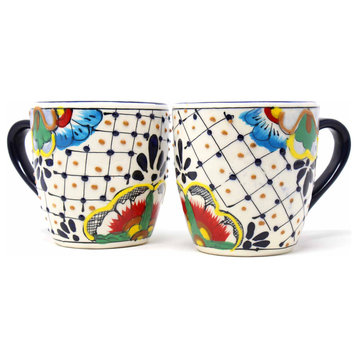 Handmade Pottery Mugs, Set of 2, Dots and Flowers