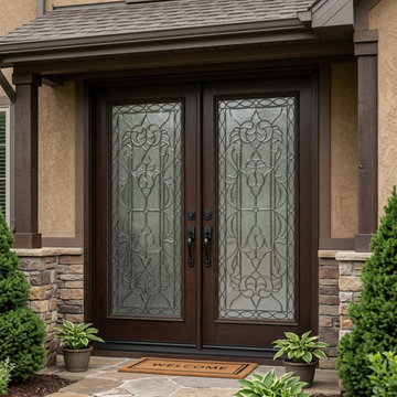 Luxury Mahogany Double Front Door with Decorative Glass and Classic Traditional