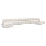 Meridian Furniture - Ames Boucle Fabric U-Shaped Modular Sectional, Cream, 8-Piece: 4 Armless Chair, 2 Corner Chair, 2 Ottoman - Introduce a touch of modern sophistication to your living area with the exquisite Ames Boucle Fabric Sectional. With plush cream boucle fabric and unique design, it will elevate the visual appeal of your living space. This elegant and captivating sectional can be mixed and matched with other pieces from the collection to create an endless array of stunning looks. So, get ready to transform your living area into an inviting and stylish haven with the Ames Boucle Fabric Sectional.