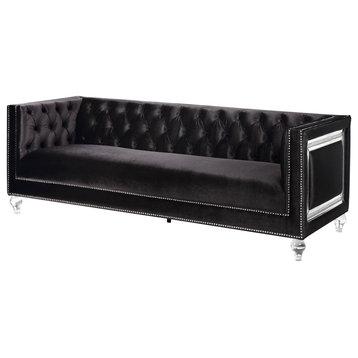 Contemporary Sofa, Button Tufted Backrest With 2 Pillows & Nailhead Trim, Black
