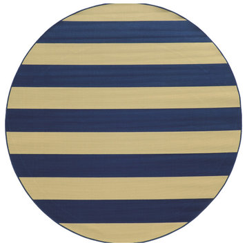 Rhodes Indoor and Outdoor Striped Blue and Ivory Rug, 7'10" Round