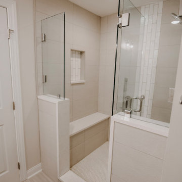 Knee wall shower, curb step in and bench