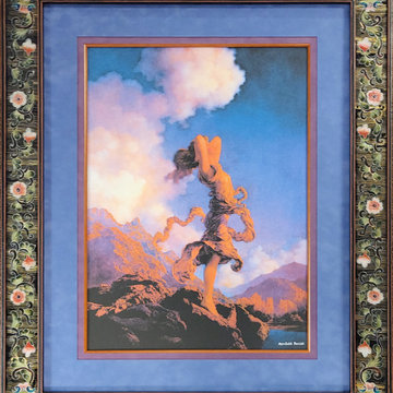 Maxfield Parrish "Ecstacy" in a reverse painted panel with leather edging frame