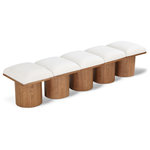 Meridian Furniture - Pavilion Black Boucle Fabric Bench, Cream, Walnut Brown Finish, 90" W X 15.5" D X 17.5" H - Bring valuable seating and remarkable style to your space with this cream Pavilion boucle fabric bench, an exquisite balance of style and usability for the entryway, bedroom, and beyond. Crafted from oak veneer with a walnut brown finish, this bench has a 4-inch-thick seat cushion that's channel-tufted for a touch of luxury. The bench's columnar bases add a dash of art deco design, making it a captivating focal point in any room.