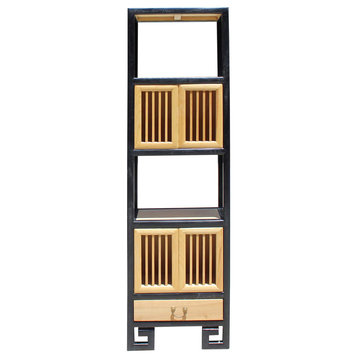 Oriental Black Rim Natural Wood Narrow Storage Display Bookcase Cabinet