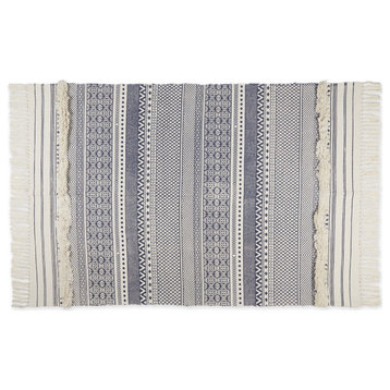 French Blue Printed Off-White Hand-Loomed Shag Rug 4x6 ft.