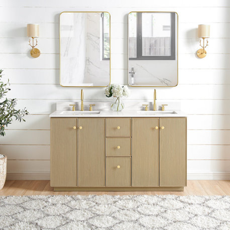 Oza Bath Vanity with Quartz Stone Top, Aged Natural Oak, 60", Double Vanity, No Mirror