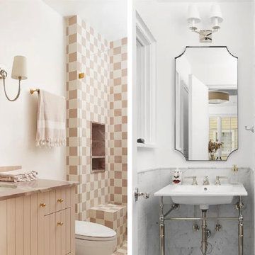 Dual Bathroom Designs – Warm Character & Classic Contrast
