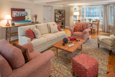 Inspiration for a mid-sized transitional medium tone wood floor family room remodel in Burlington