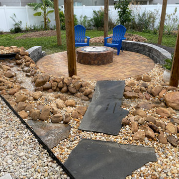 Backyard Oasis Running Stream Water Feature, Pergola, Arbor, Paver Patio, & Wall