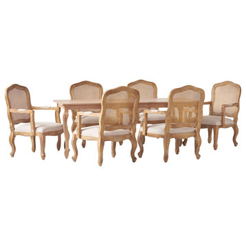 Bonview Fabric Upholstered Wood and Cane Expandable 7-Piece Dining Set, Natural Brown/Beige