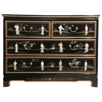 Shiny Black and Pearl Inlaid Oriental Dresser With 4 Drawers