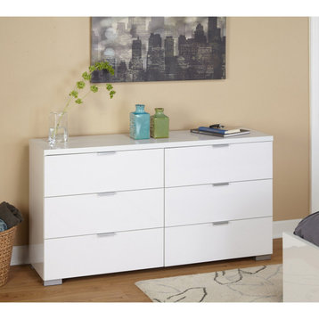 Modern Double Dresser, 6 Storage Drawers With Silver Metal Pulls, White Glossy