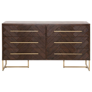 On Stand Mosaic 6-Drawer Double Dresser Rustic Java Acacia, Brushed Gold