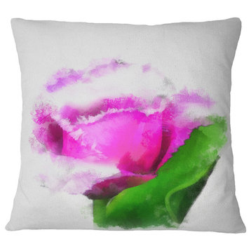 Pink Rose Watercolor With Leaves Floral Throw Pillow, 18"x18"