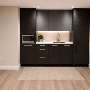 Modern Basement Kitchenette with Dark Wood Cabinetry