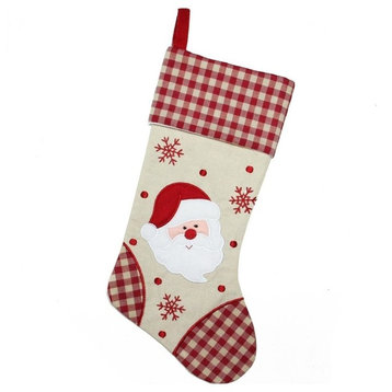 19" Burlap Embroidered Santa Claus Christmas Stocking With Red Gingham Cuff