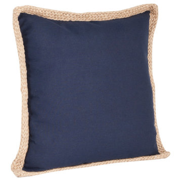 20" Jute Braided Cotton Throw Pillow With Down Filler, Navy Blue