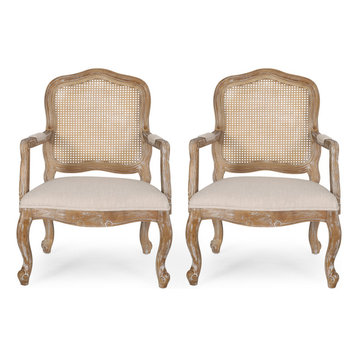 Biorn French Country Upholstered Dining Armchair, Beige + Natural, Set of 2