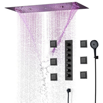 LED Shower System & 6 Jetted Body Sprays, Matte Black A - Phone Control Light