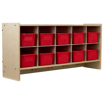 10 Section Wood Cubbies Storage, Red Bins, Wall Hanging Organizers