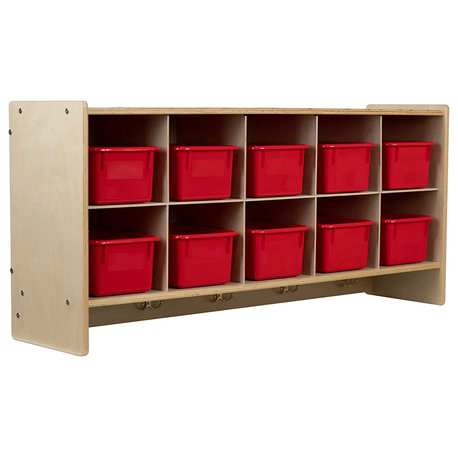 10 Section Wood Cubbies Storage, Red Bins, Wall Hanging Organizers