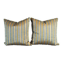 Blue, Green & Gold Silk Stripe Pair of Pillows - Products
