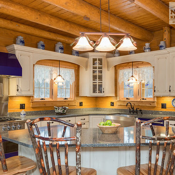 Log Cabin Kitchen With Blue Appliances