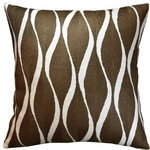 Kashmir Designs - Contemporary Waves Brown Decorative Pillow Cover Handembroidered Wool 18x18" - This modern seamless wave design suzani pillow cover has unique design elements embroidered in unique style and refreshing lively color combination. The decorative pillow cover forms a perfect balance in color and design and would make an enticing modern accent pillow for your home. Whether this modern elements floral suzani pillow is used in garden, patio, or in a room, on a sofa, chair or chaise, this all natural fiber would making an enticing pillow cover. Hand embroidered in soft wool in chain stitch on cotton base, this natural pillow cover is soft, practical and durable.