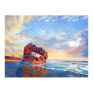 Fishing Boat During Red Evening Glow 40 in x 30 in Framed Painting Canvas  Art Print, by Designart 