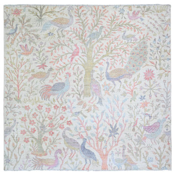 Ivory Birds Paradise Hand Knotted Peshawar Square Wool Oriental Rug 5'11"x6'