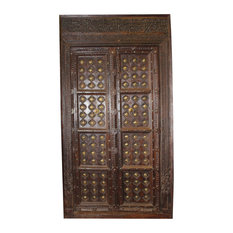 Consigned Antique Door Indian Haveli Earthy Brown Brass Medallion Rustic Teak