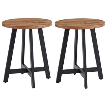Set of 2 Industrial Round Side Tables MDF Tops and Metal Frames End Table Set