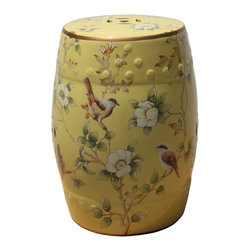 Cream Yellow Daffodil Porcelain Flower Birds Round Stool Ottoman - Accent And Garden Stools