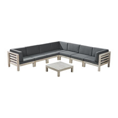 Dawn Outdoor 7 Seater Acacia Sectional Sofa Set, Weathered Gray and Dark Gray