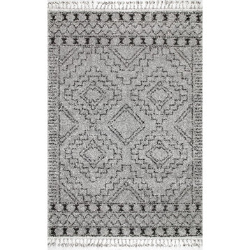 Moroccan Shag Tribal Chevron Tassel Area Rug, Off-White, Gray, 5'3"x7'7"