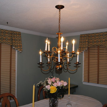 Dining Room-Custom Valances, Graber Sorenta Blinds w/tapes & Upholstered Chairs