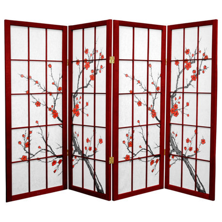 4 Panel Room Divider with Cherry Blossom Print and Shoji Rice Paper Shades, Red