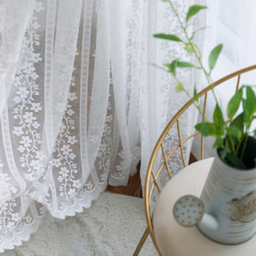 Delicate Flowers White Sheer Voile Curtain with Column Detail and a Scalloped Ed